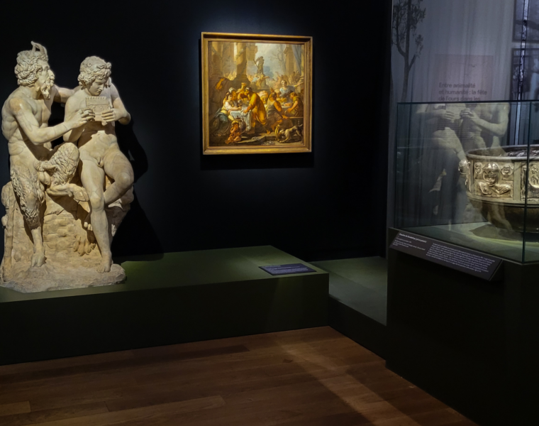 Vue d'ensemble de l'exposition Carnaval au Musée HDE à Draguignan, cimaises colorées et podiums d'exposition sur mesure. © Carole DEKENS / ATELIER FACE B